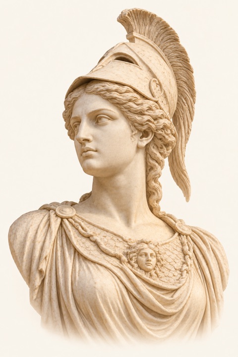 Marble bust of Athena, goddess of wisdom and strategy, in a crested helmet